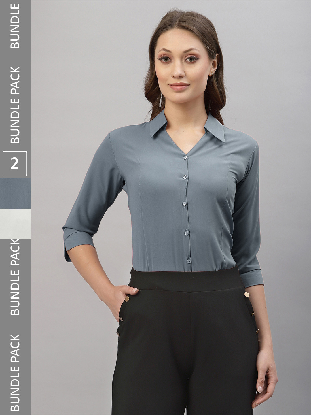 

Selvia Pack Of 2 Spread Collar Opaque Casual Shirts, Grey