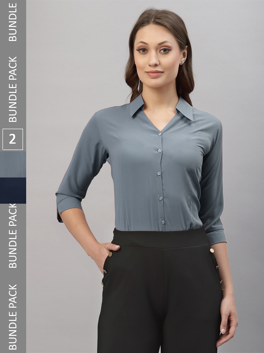 

Selvia Pack Of 2 Spread Collar Opaque Casual Shirts, Grey