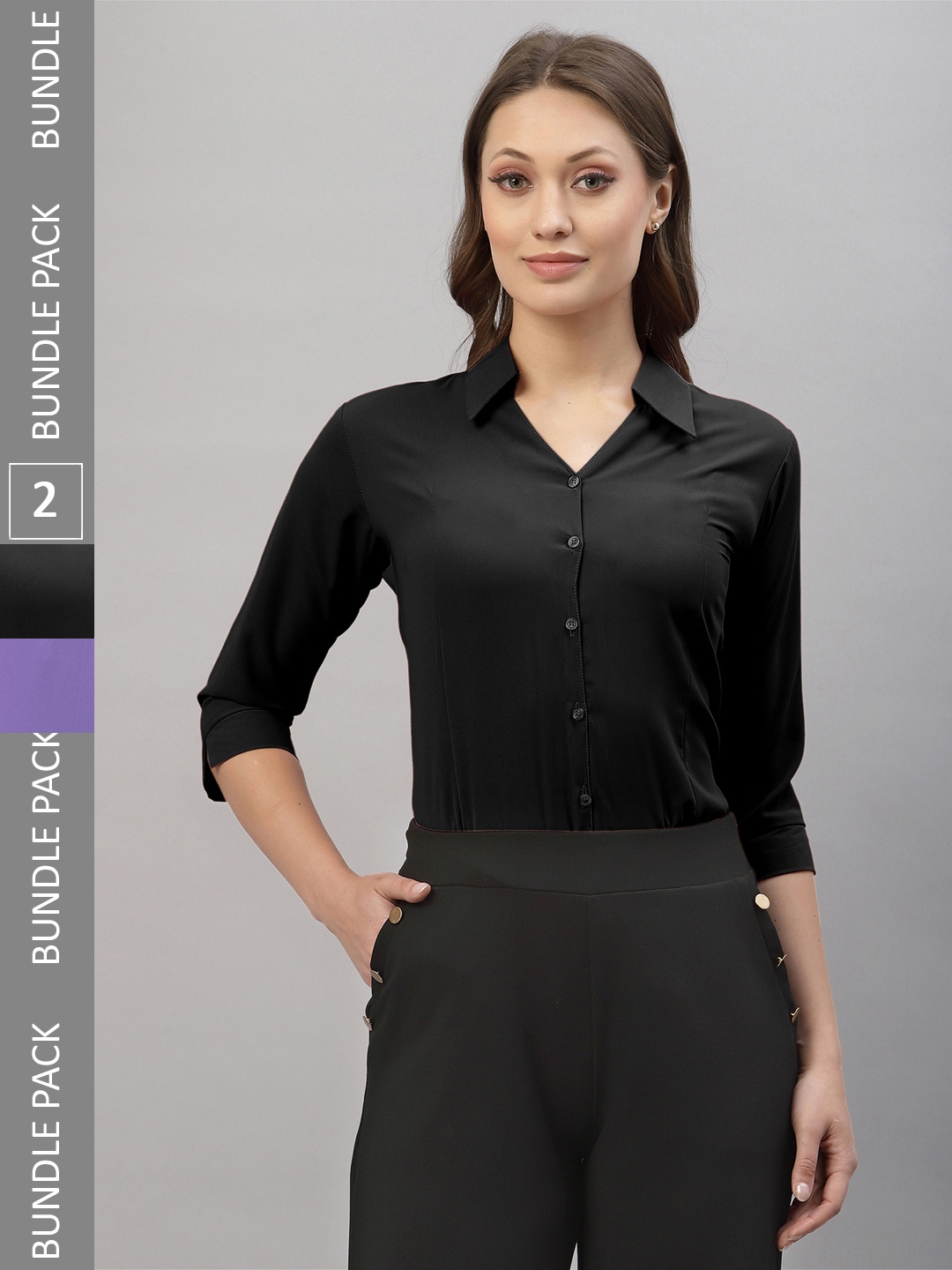 

Selvia Pack Of 2 Spread Collar Opaque Casual Shirts, Black