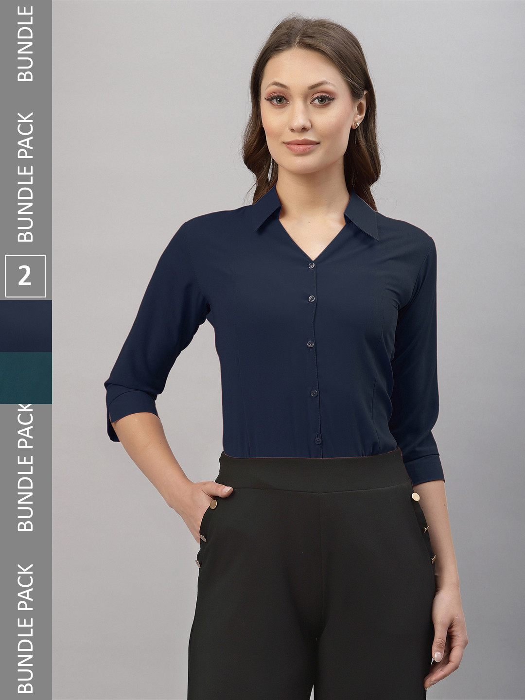 

Selvia Pack Of 2 Spread Collar Opaque Casual Shirts, Navy blue
