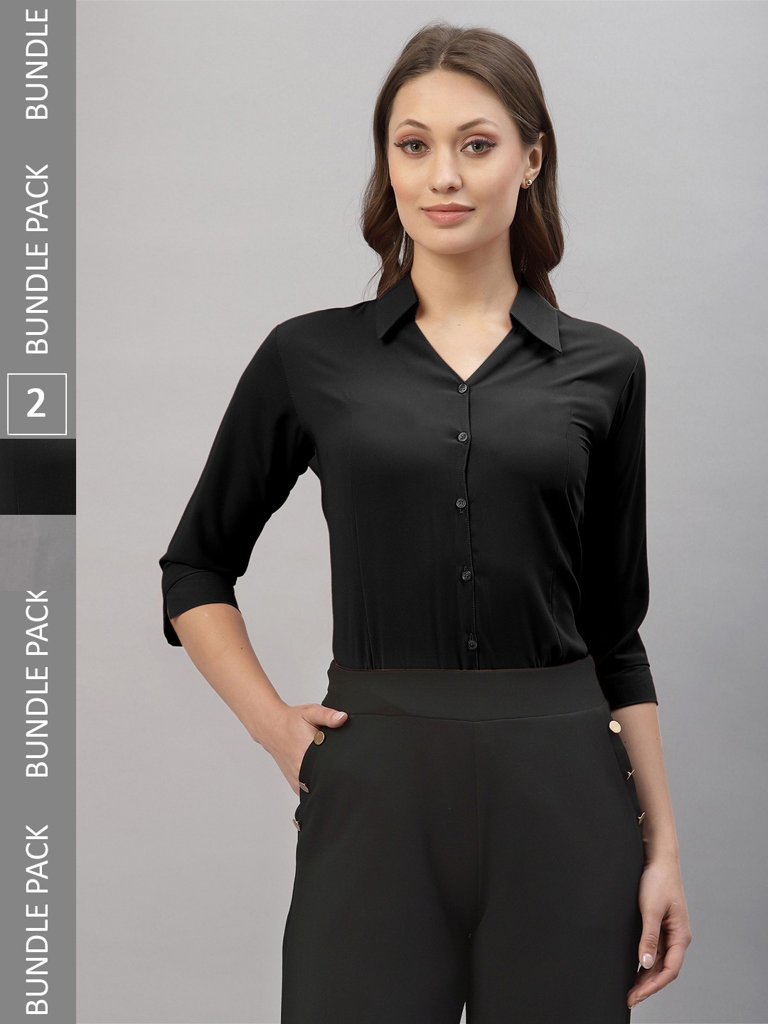 

Selvia Pack Of 2 Spread Collar Opaque Casual Shirts, Black