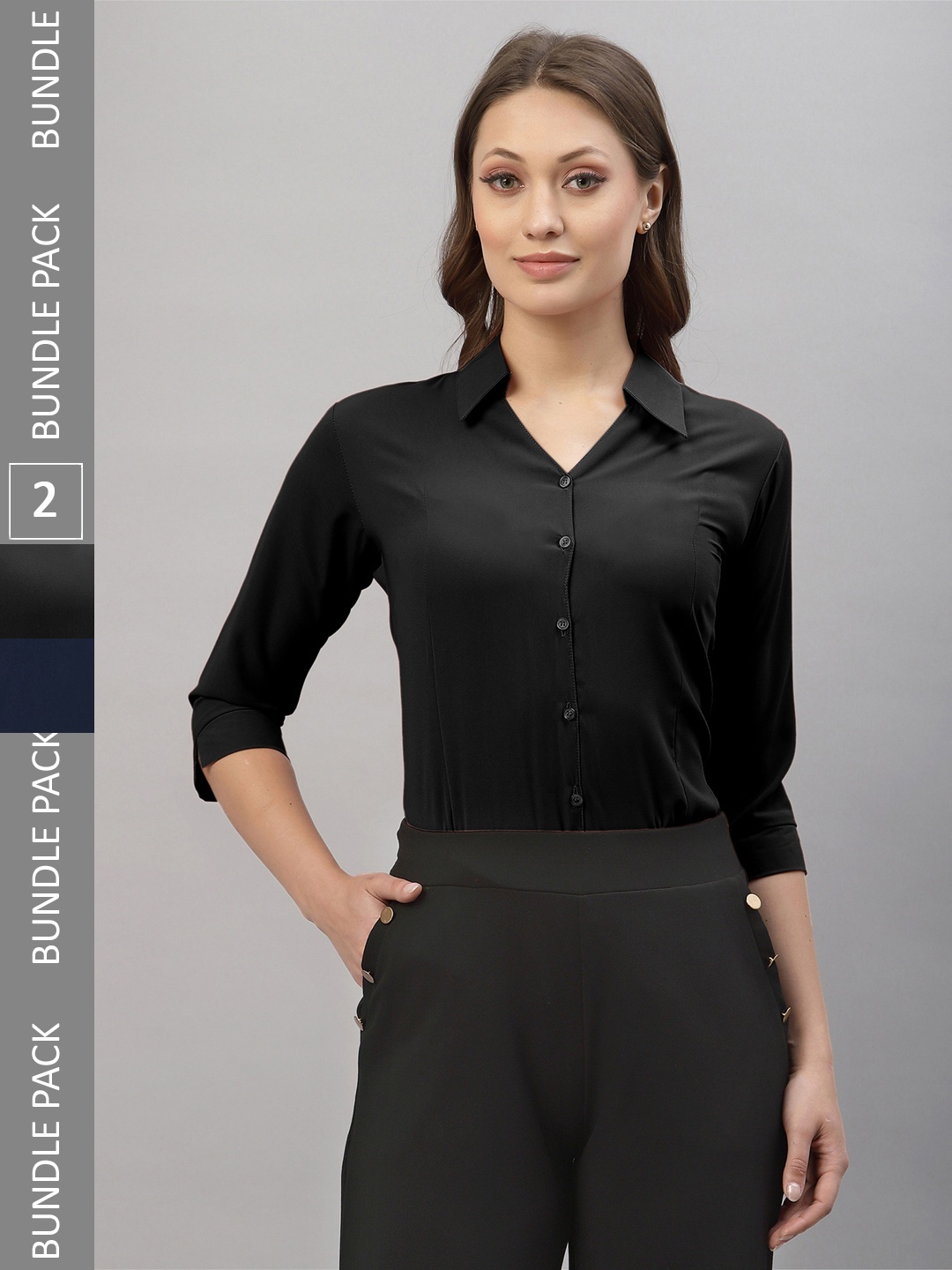 

Selvia Pack Of 2 Spread Collar Opaque Casual Shirts, Black