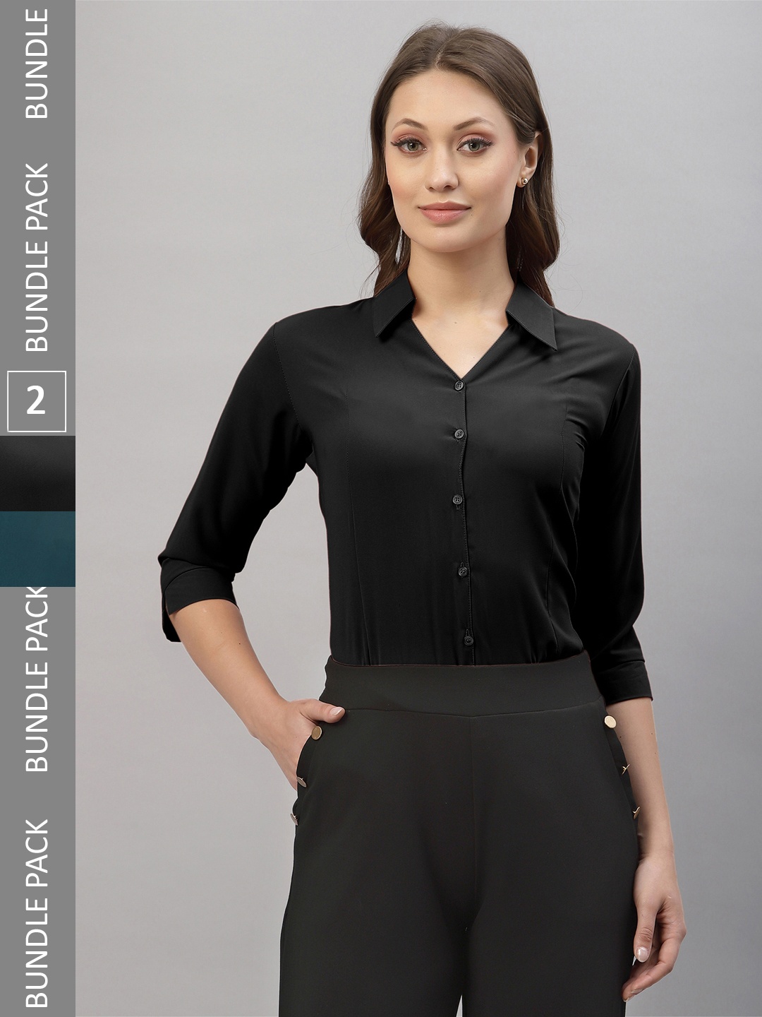 

Selvia Pack Of 2 Spread Collar Opaque Casual Shirts, Black