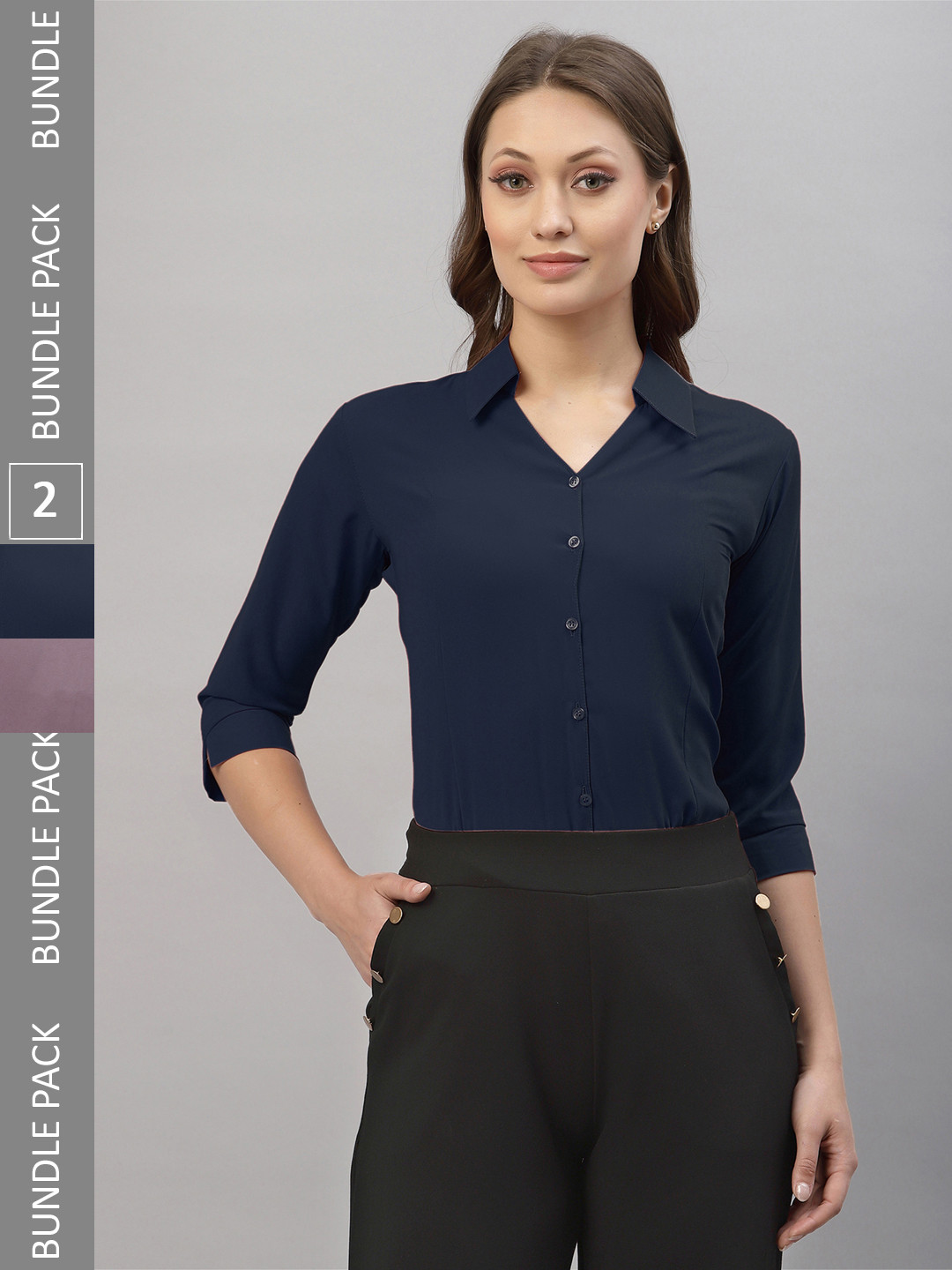 

Selvia Pack Of 2 Spread Collar Opaque Casual Shirts, Navy blue