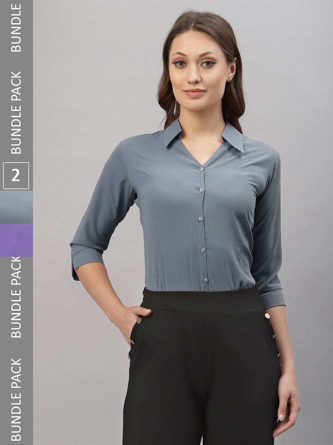 

Selvia Pack Of 2 Spread Collar Opaque Casual Shirts, Grey
