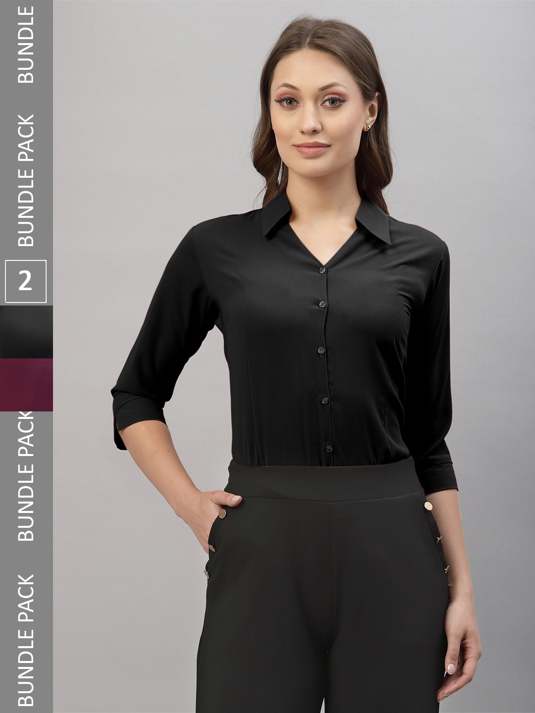 

Selvia Pack Of 2 Spread Collar Opaque Casual Shirts, Black