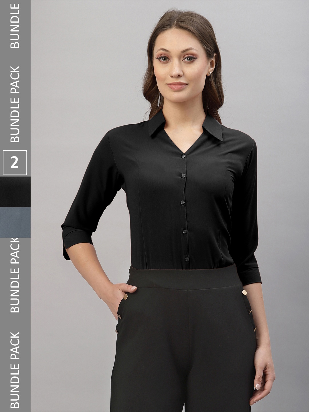 

Selvia Pack Of 2 Spread Collar Opaque Casual Shirts, Black