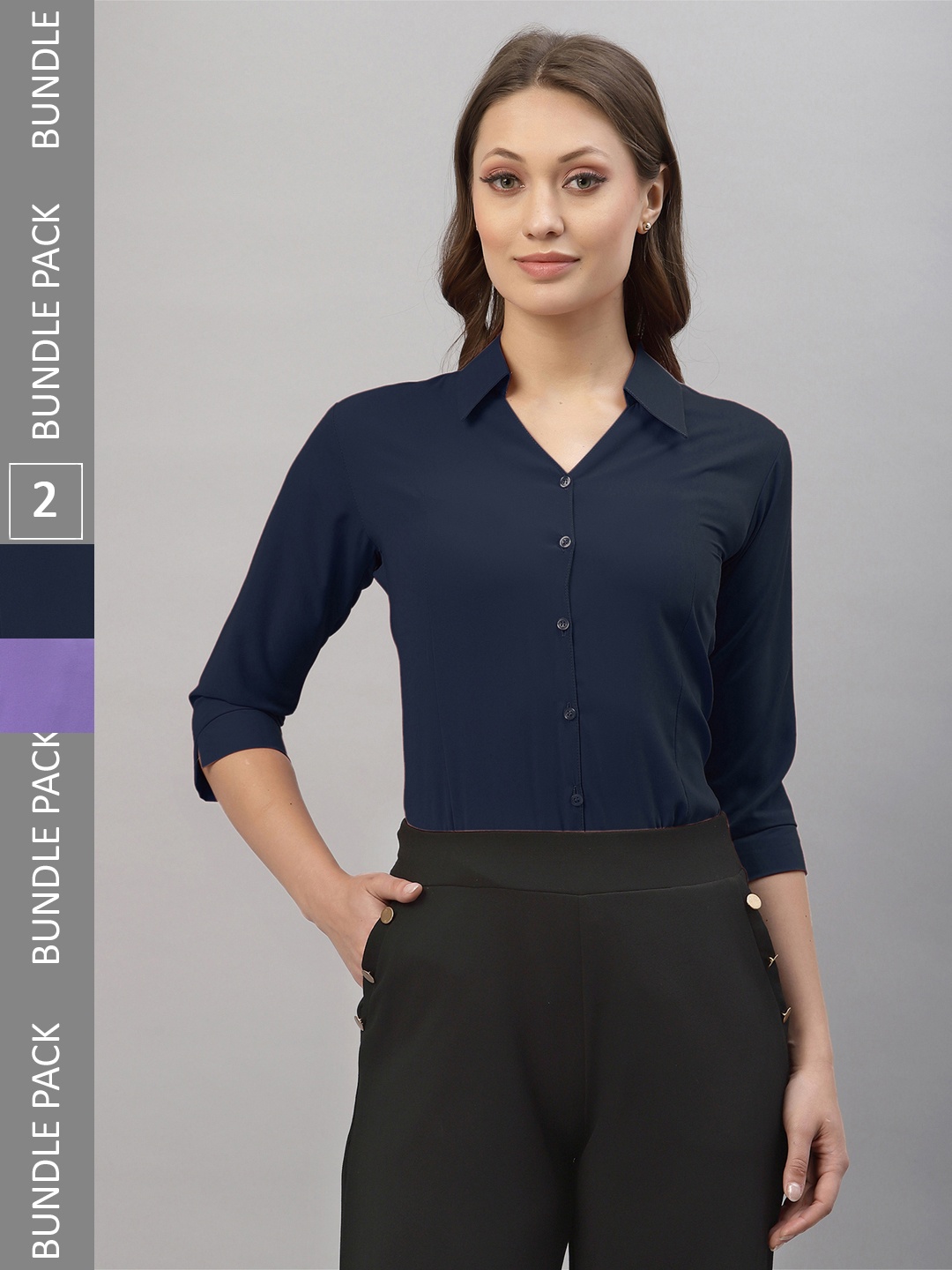 

Selvia Pack Of 2 Spread Collar Opaque Casual Shirts, Navy blue