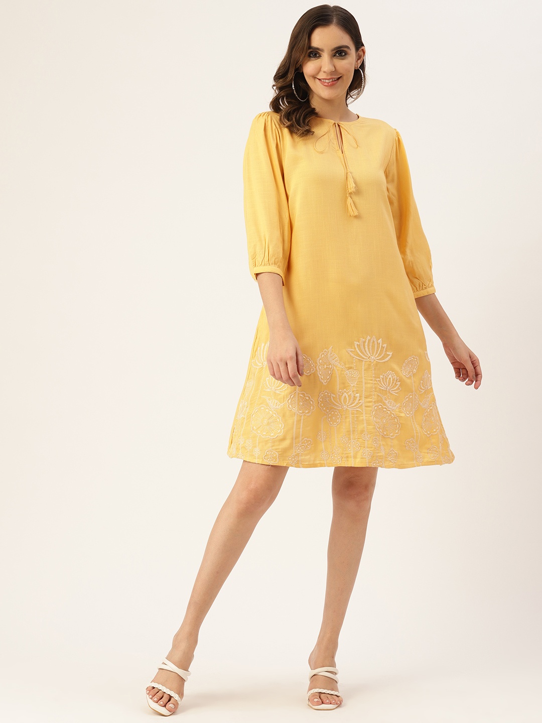 

MISRI Floral Embroidered Tie-Up Neck A-Line Dress, Yellow