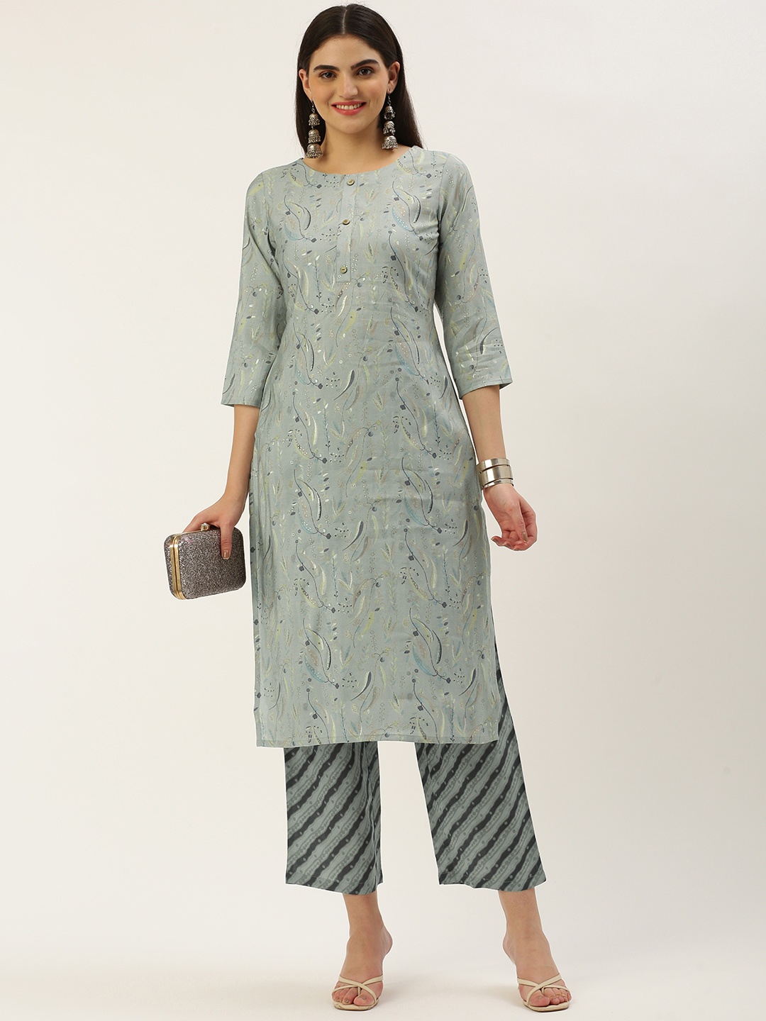 

Saanjh Women Floral Printed Regular Chanderi Cotton Kurta with Trousers, Grey