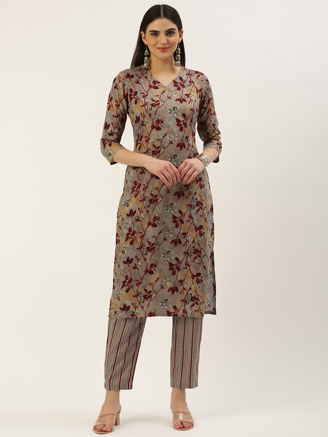 

Saanjh Women Floral Printed Regular Kurta with Trousers, Brown