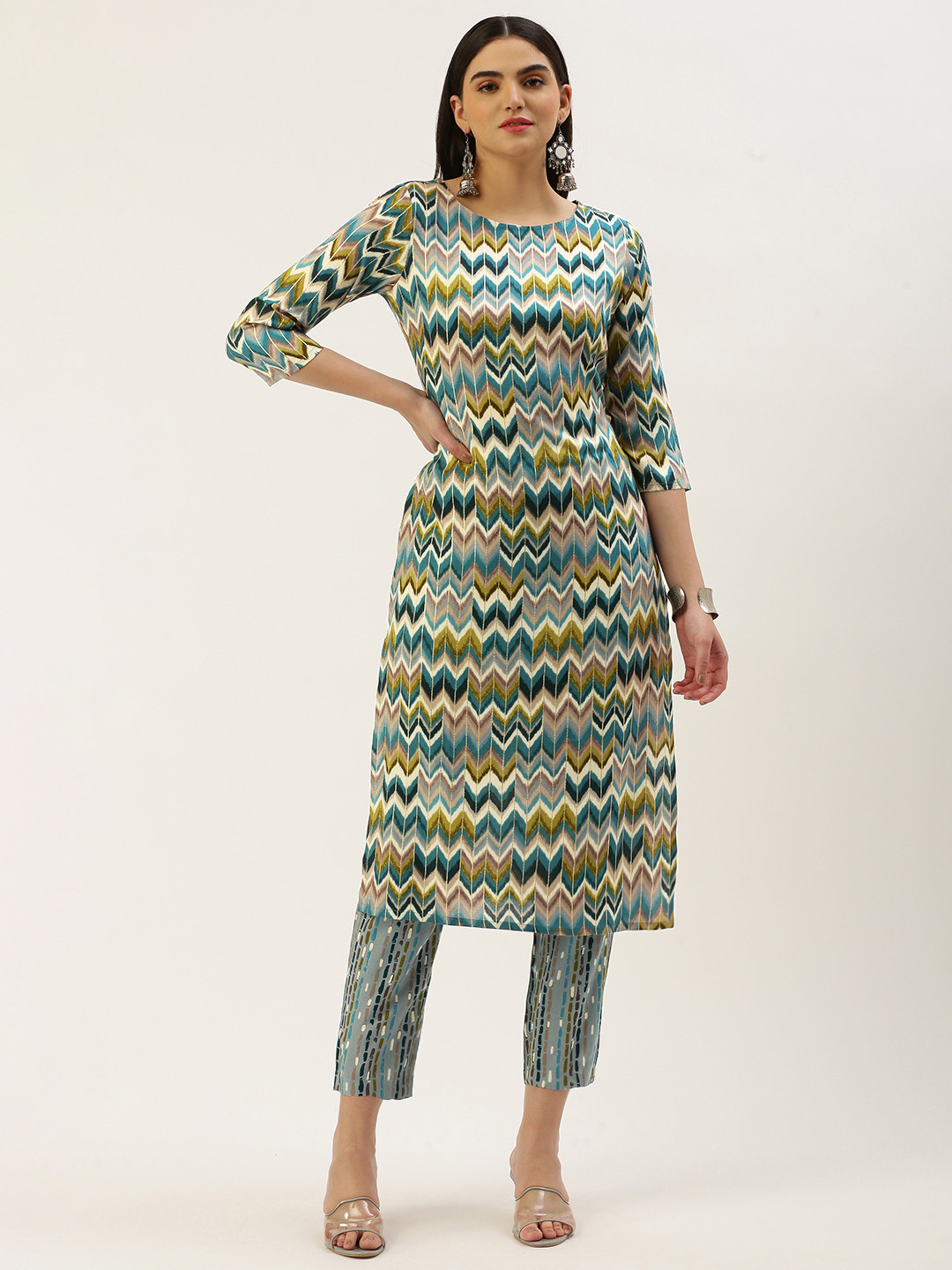 

Saanjh Women Printed Regular Kurta with Trousers, Blue