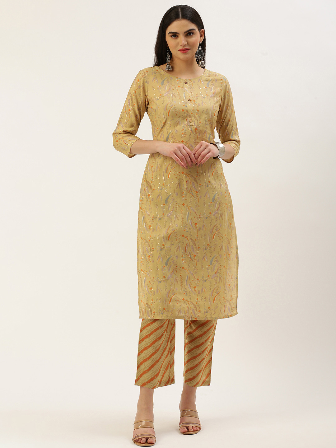 

Saanjh Women Floral Printed Regular Chanderi Cotton Kurta with Trousers, Beige