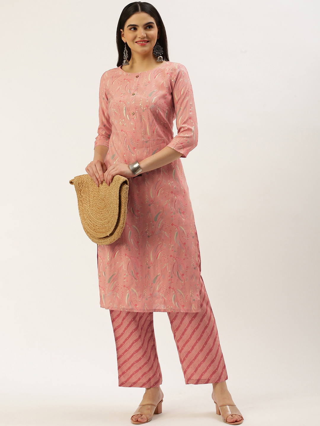 

Saanjh Women Floral Printed Regular Chanderi Cotton Kurta with Trousers, Peach
