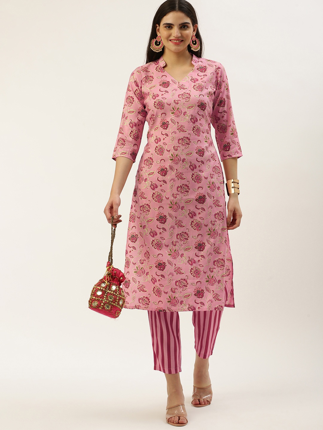 

Saanjh Floral Printed Regular Chanderi Cotton Kurta With Trousers, Pink