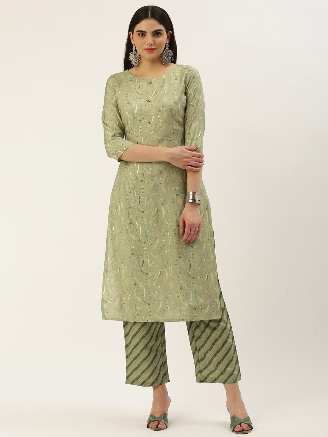 

Saanjh Women Floral Printed Regular Chanderi Cotton Kurta with Trousers, Green