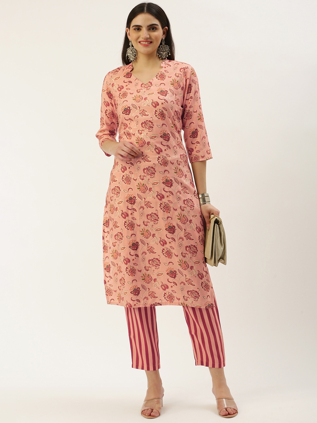 

Saanjh Floral Printed Regular Chanderi Cotton Kurta With Trousers, Peach