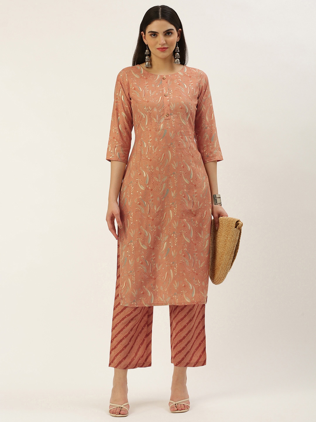 

Saanjh Women Floral Printed Regular Chanderi Cotton Kurta with Trousers, Orange