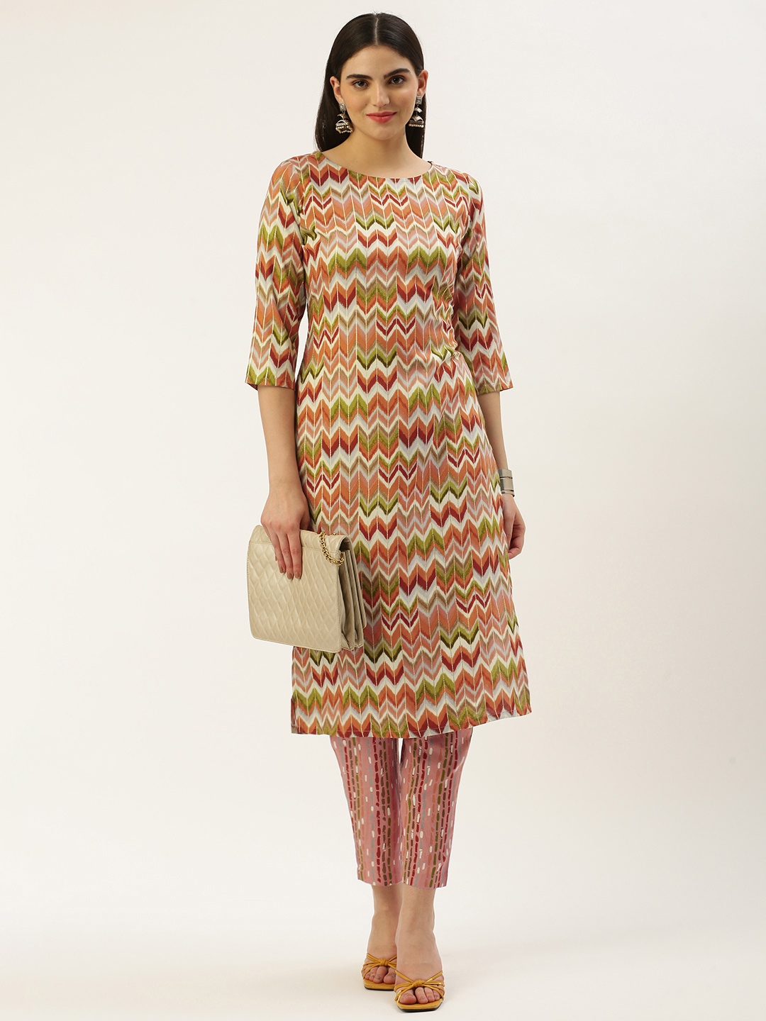 

Saanjh Printed Regular Kurta with Trousers, Rust