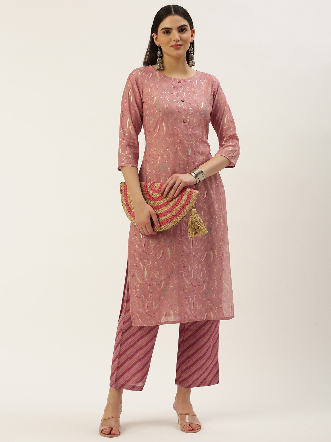 

Saanjh Women Floral Printed Regular Chanderi Cotton Kurta with Trousers, Pink