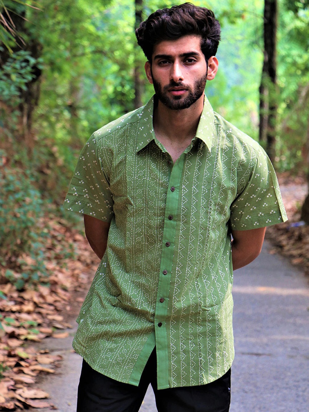 

Chidiyaa Ethnic Motifs Printed Cotton Casual Shirt, Olive