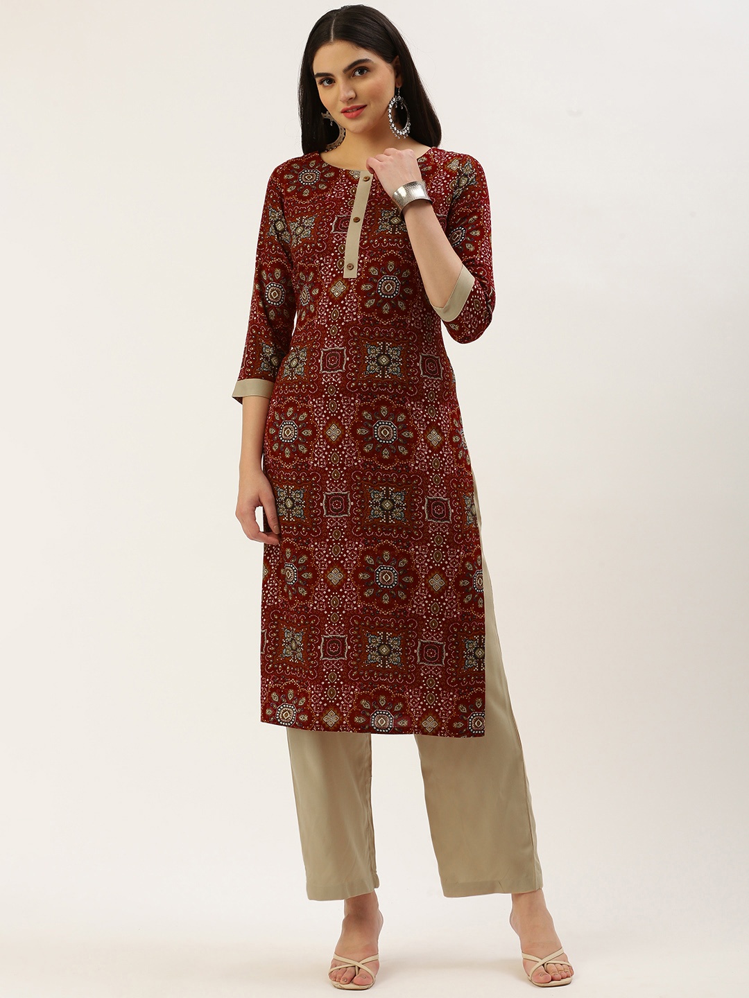 

Saanjh Ethnic Motifs Printed Regular Kurta With Trousers, Maroon