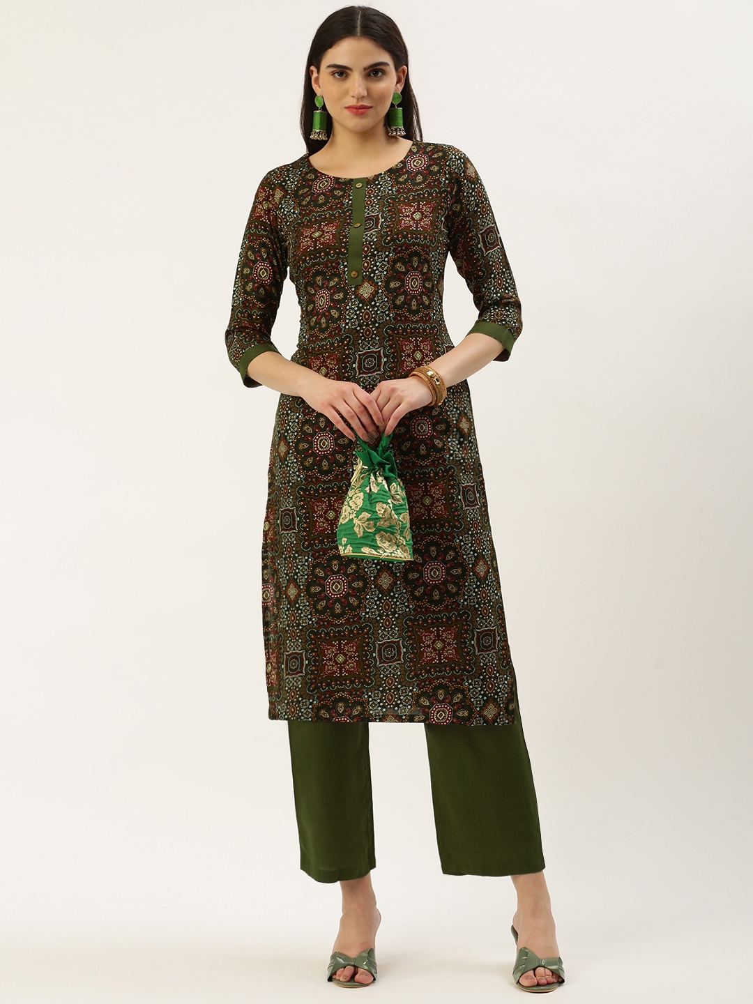 

Saanjh Ethnic Motifs Printed Regular Kurta With Trousers, Green