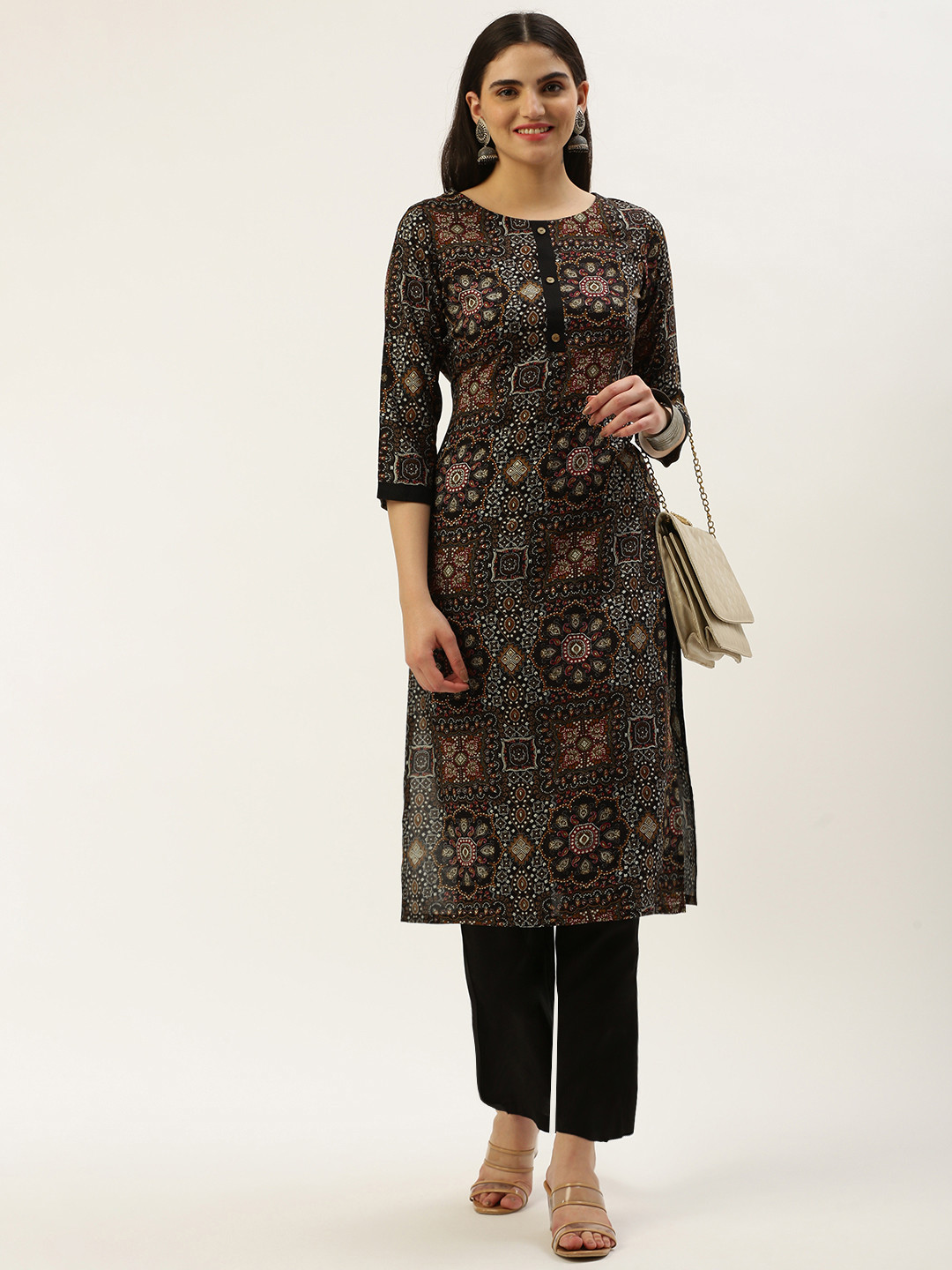 

Saanjh Ethnic Motifs Printed Regular Kurta With Trousers, Black