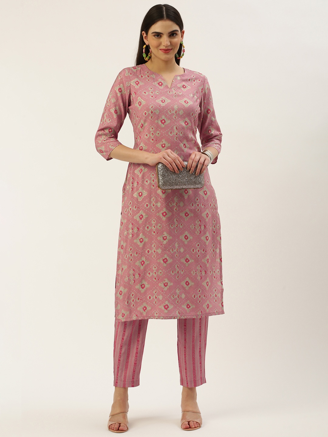 

Saanjh Women Ethnic Motifs Printed Regular Chanderi Cotton Kurta with Trousers, Pink