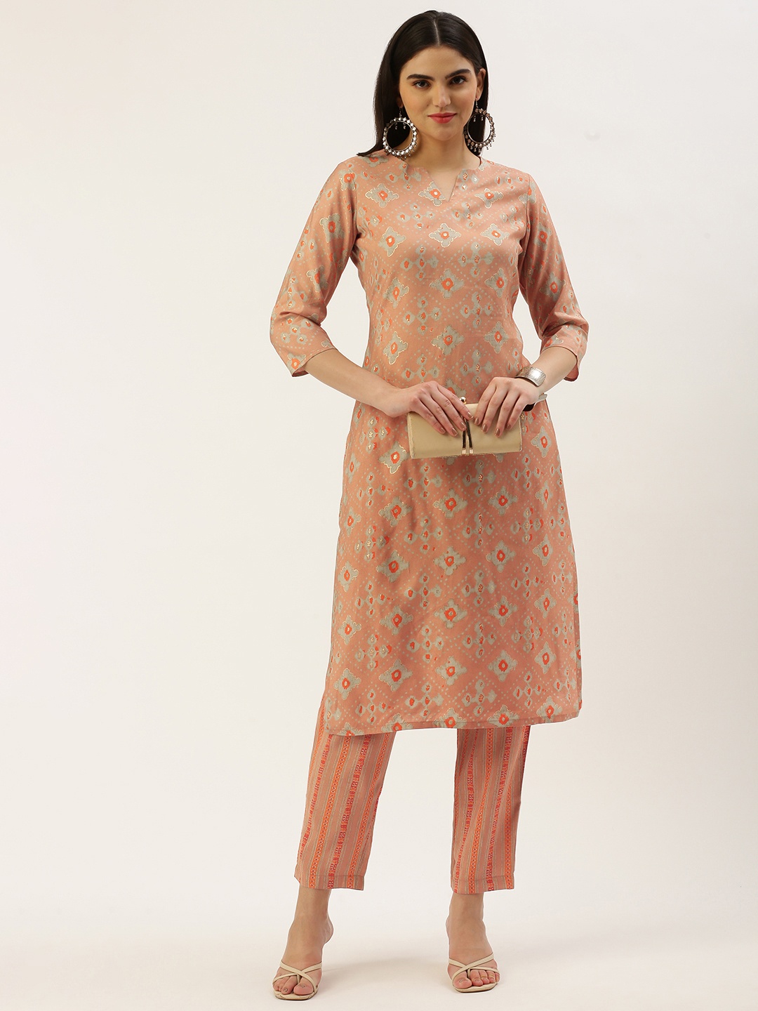 

Saanjh Women Ethnic Motifs Printed Regular Chanderi Cotton Kurta with Trousers, Peach