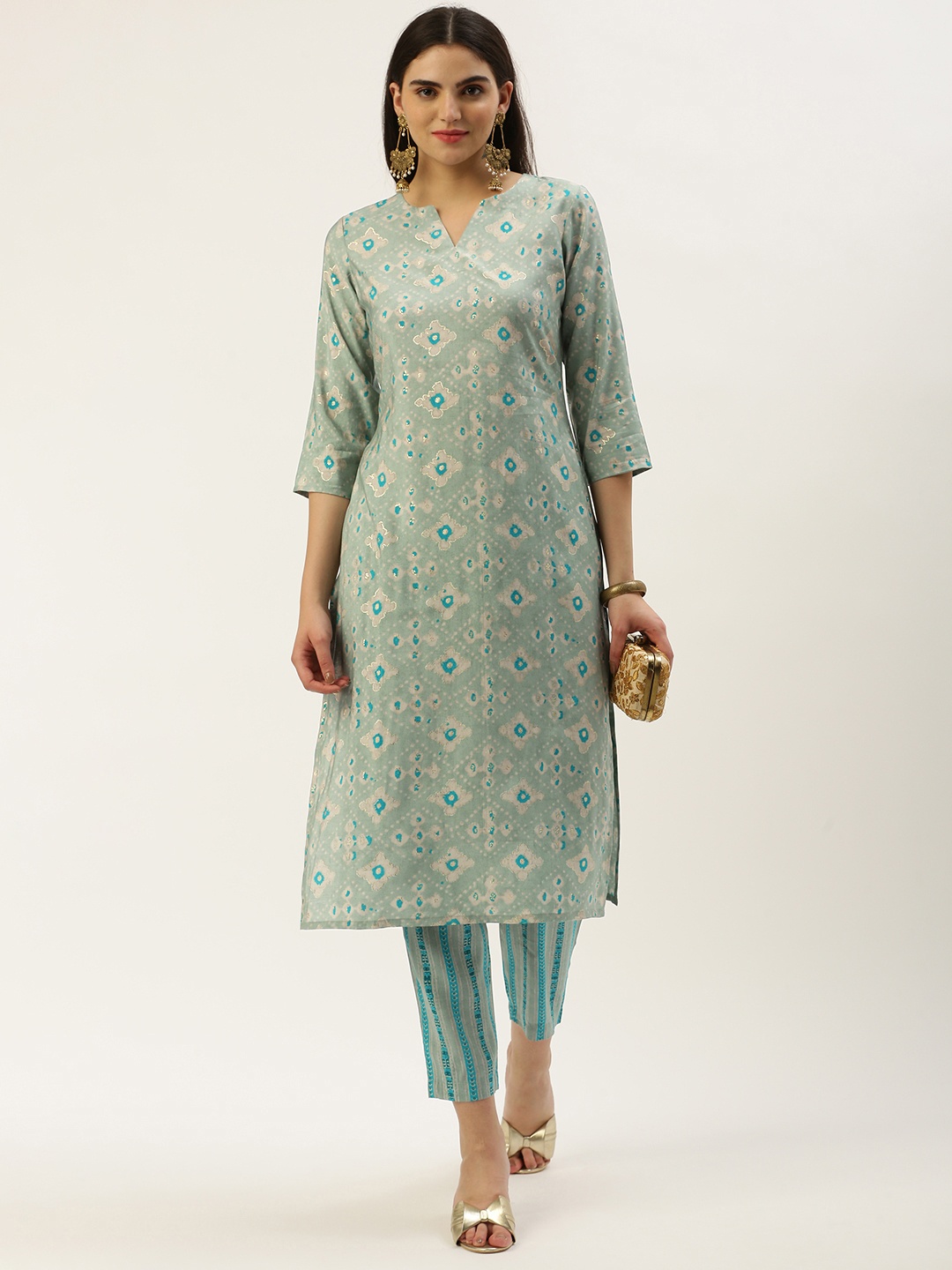 

Saanjh Ethnic Motifs Printed Regular Chanderi Cotton Kurta With Trousers, Grey