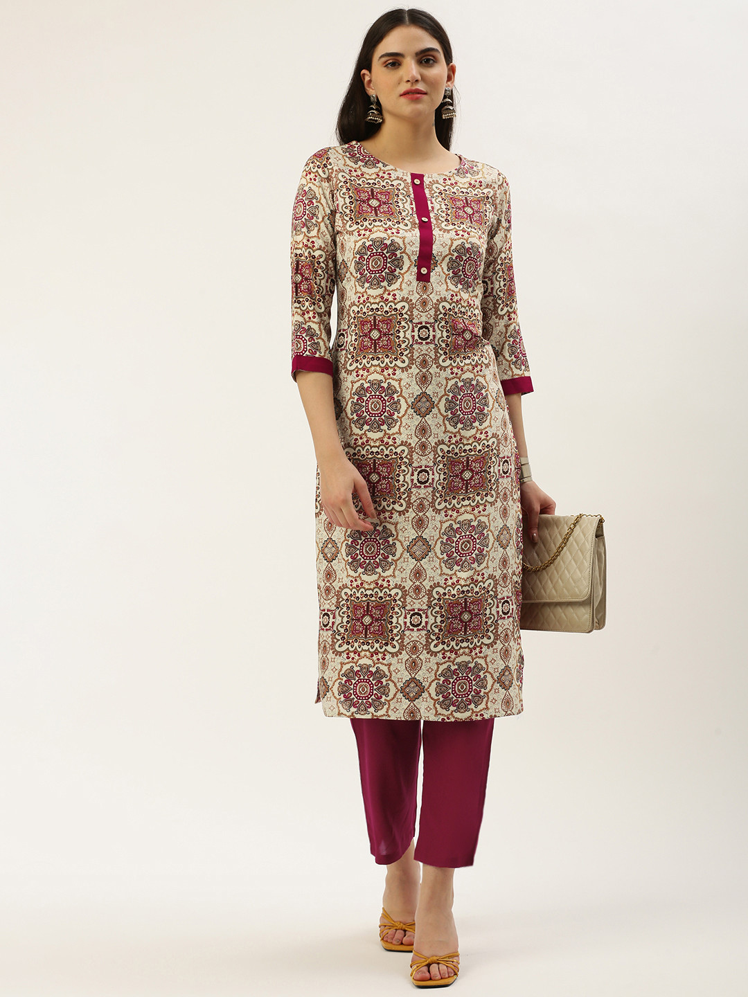 

Saanjh Ethnic Motifs Printed Regular Kurta with Trousers, Beige