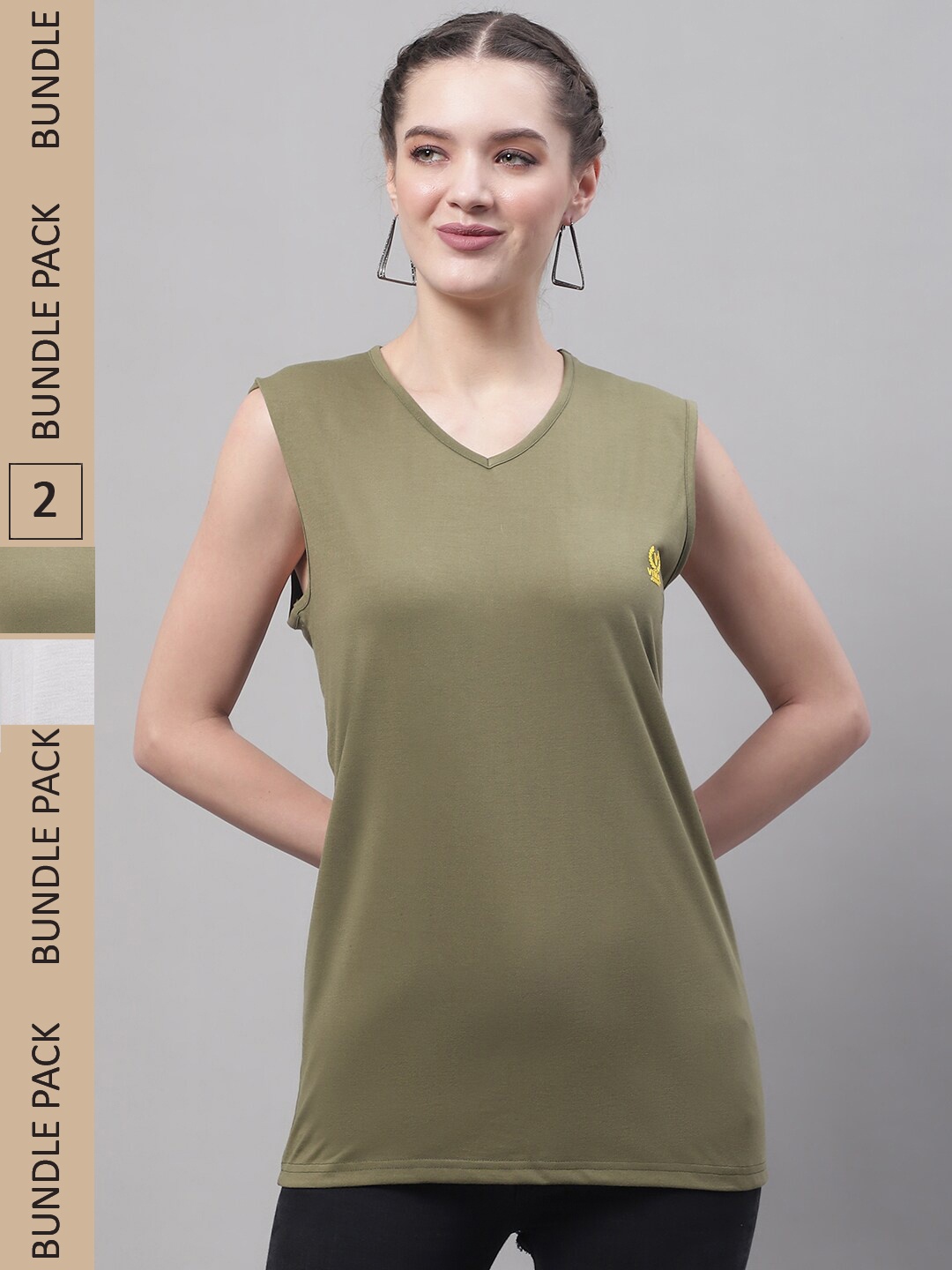 MACK JONNEY Pack Of 2 V-Neck Sleeveless Cotton T-shirts, Olive