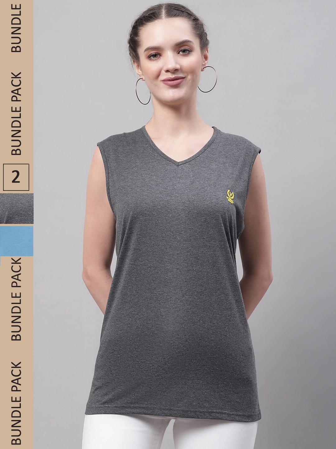 

MACK JONNEY Pack Of 2 V-Neck Sleeveless Cotton T-shirts, Charcoal