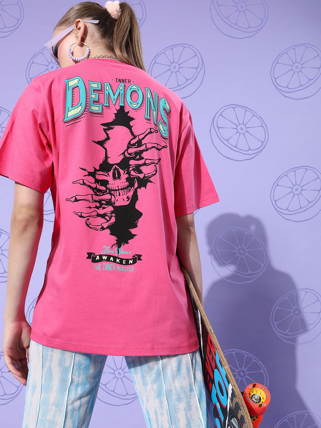 

Difference of Opinion Pure Cotton Printed Oversized T-shirt, Pink