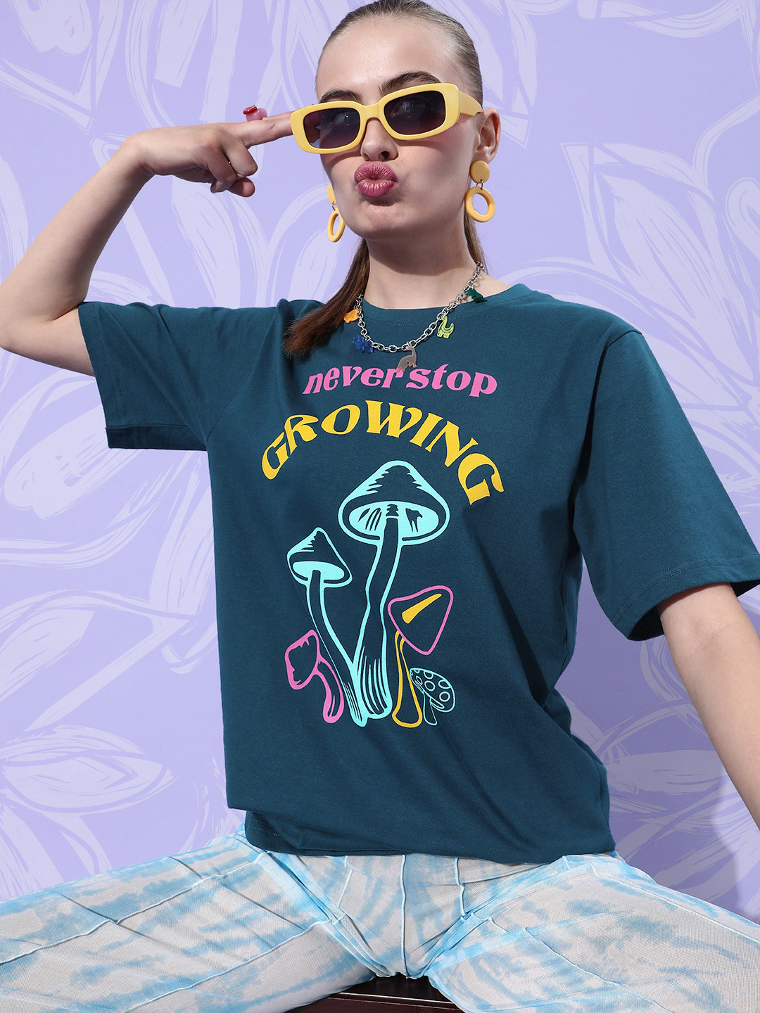 

Difference of Opinion Pure Cotton Printed Oversized T-shirt, Teal