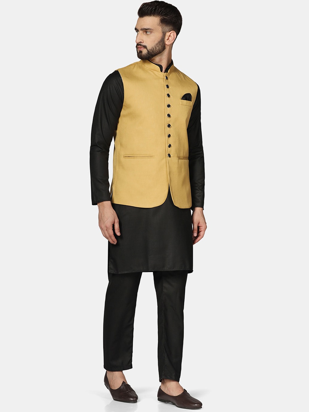 

TAHVO Mandarin Collar Straight Kurta With Pyjamas & Nehru Jacket, Black