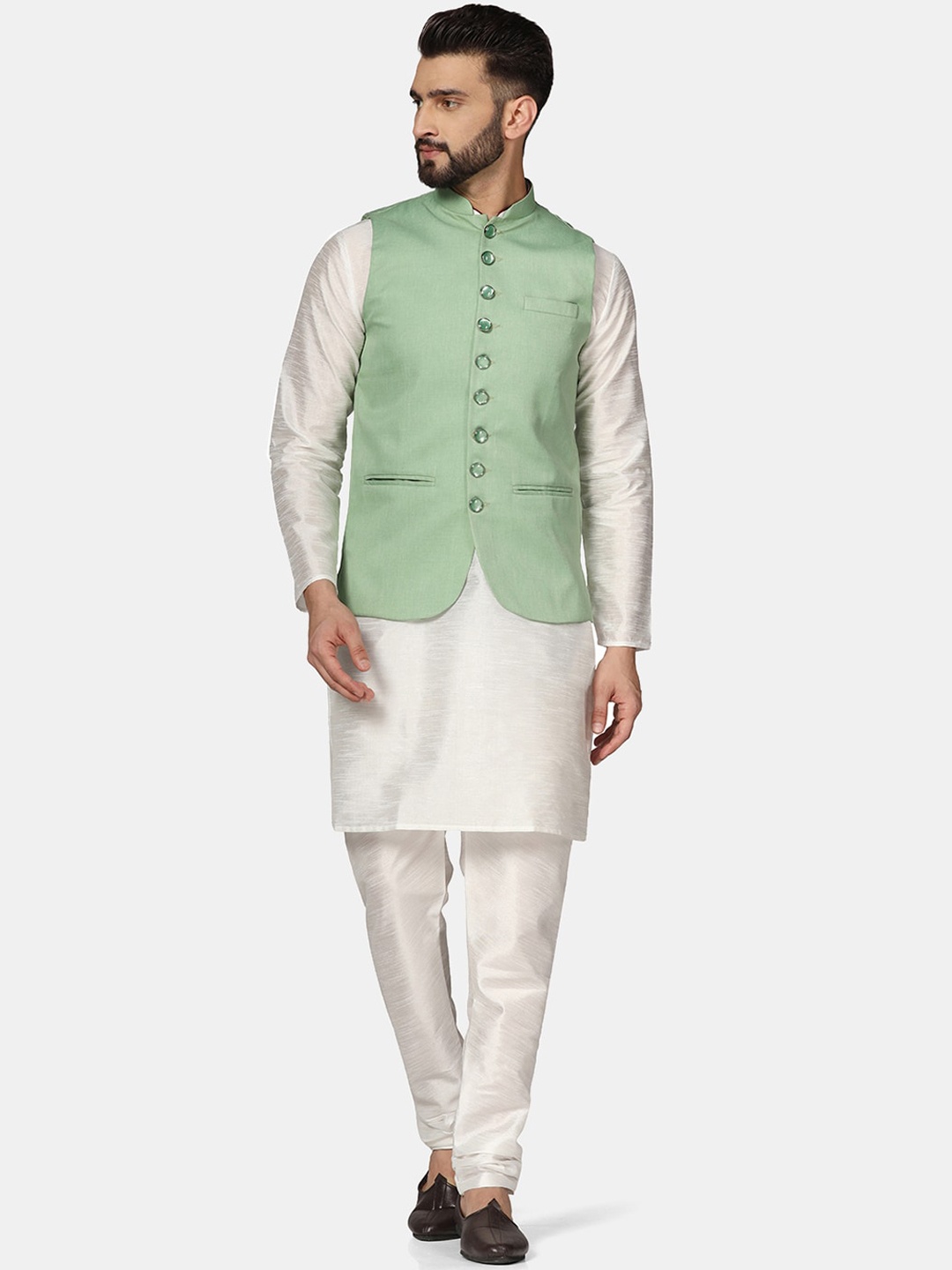 

TAHVO Mandarin Collar Kurta With Churidar & Nehru Jacket, Green