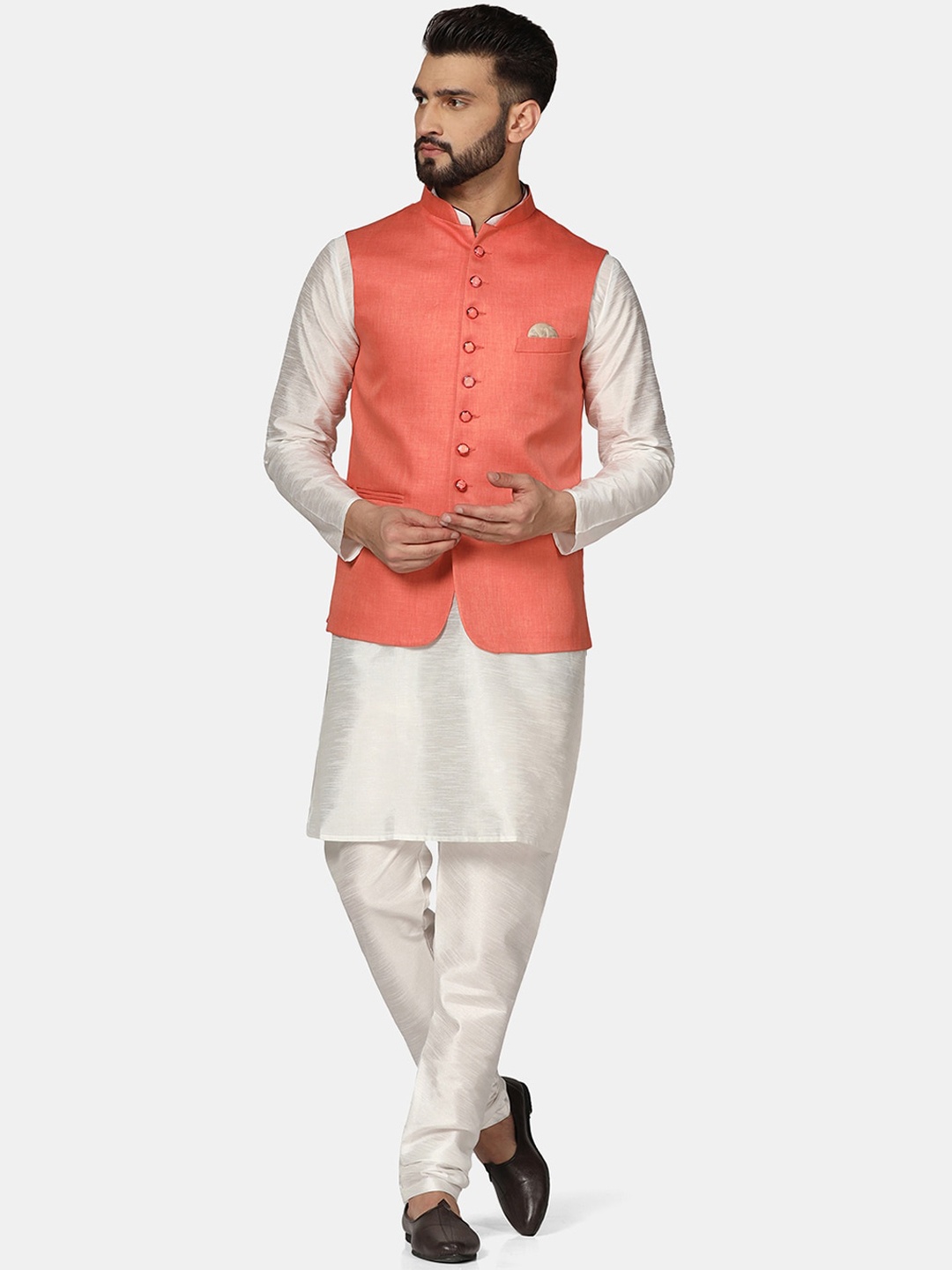 

TAHVO Mandarin Collar Straight Kurta With Churidar & Nehru Jacket, White