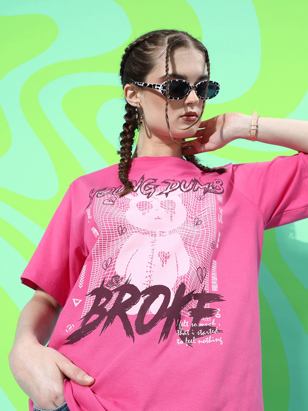 

Difference of Opinion Women Graphic Printed Oversized T-shirt, Pink