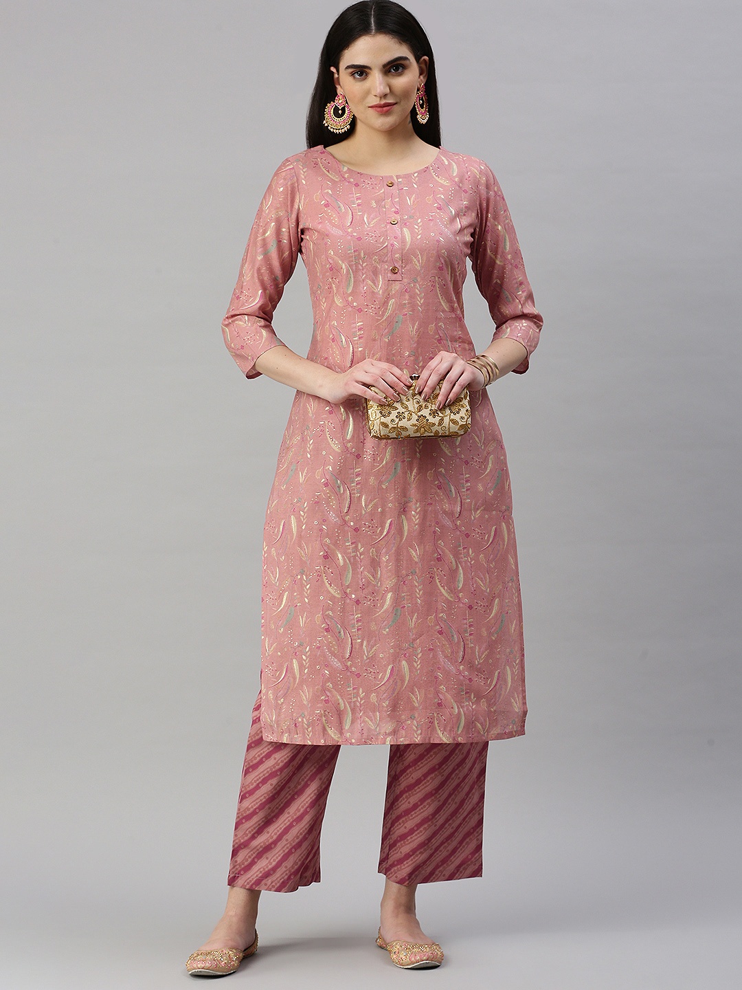 

KALINI Floral Printed Regular Chanderi Cotton Kurta with Trousers, Pink