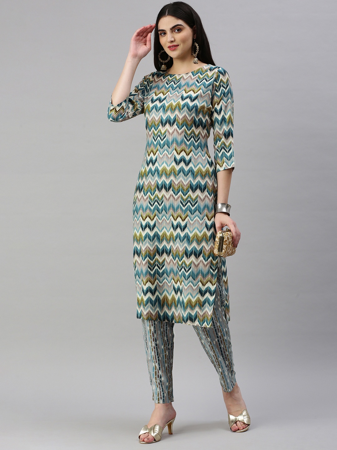 

KALINI Printed Regular Kurta with Trousers, Blue