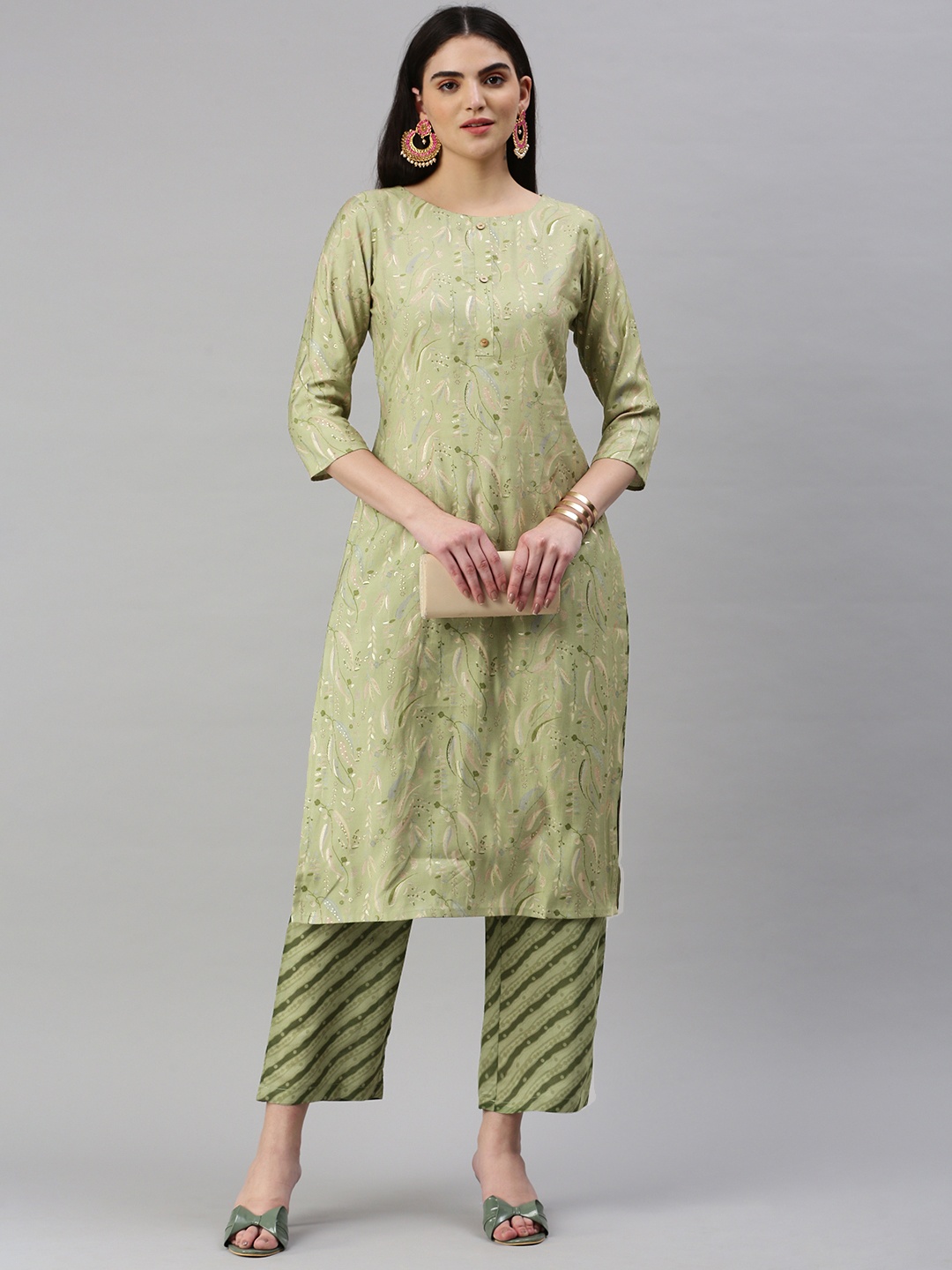 

KALINI Floral Printed Regular Chanderi Cotton Kurta with Trousers, Green