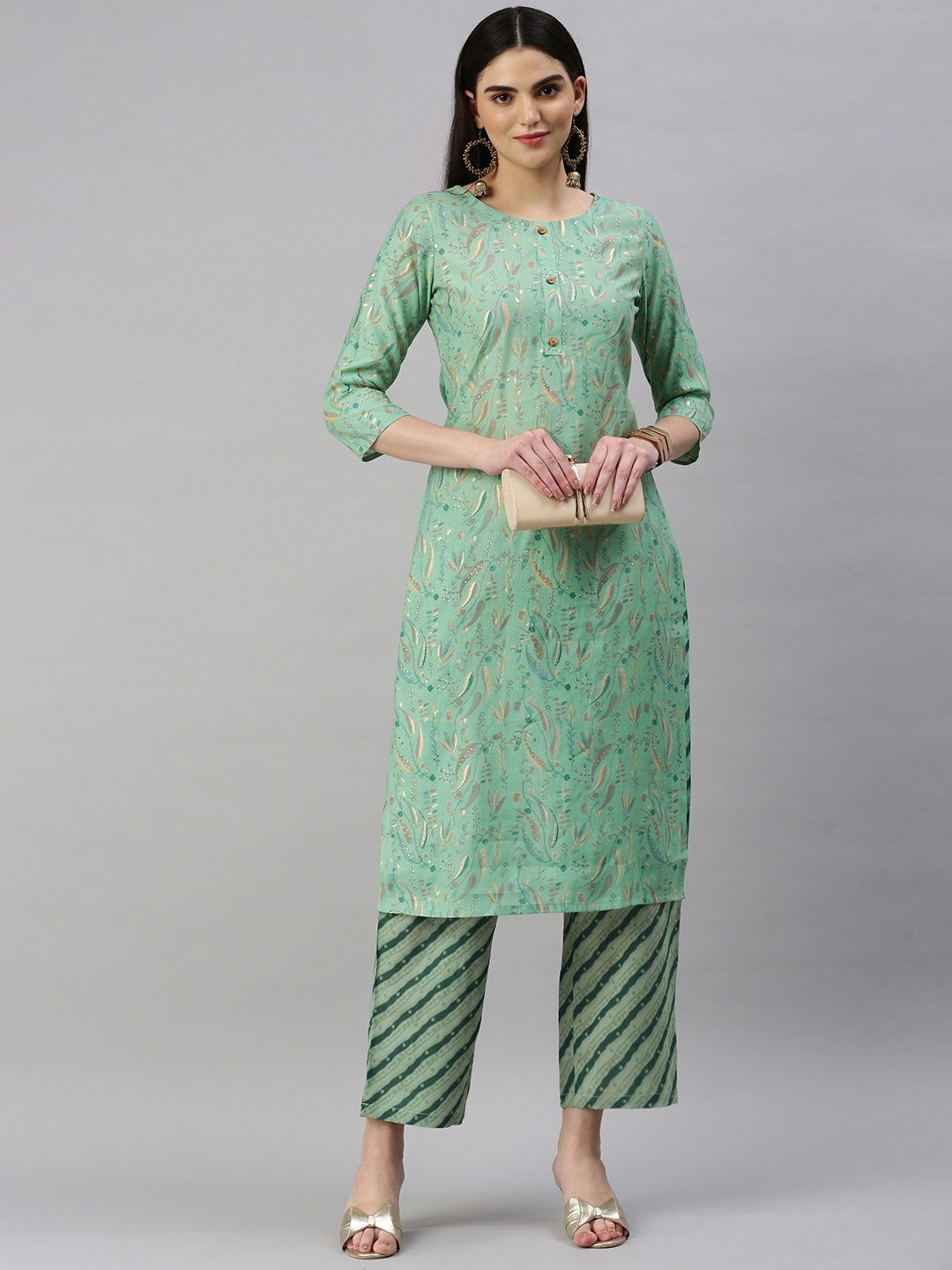 

KALINI Women Floral Printed Regular Chanderi Cotton Kurta With Trousers, Turquoise blue