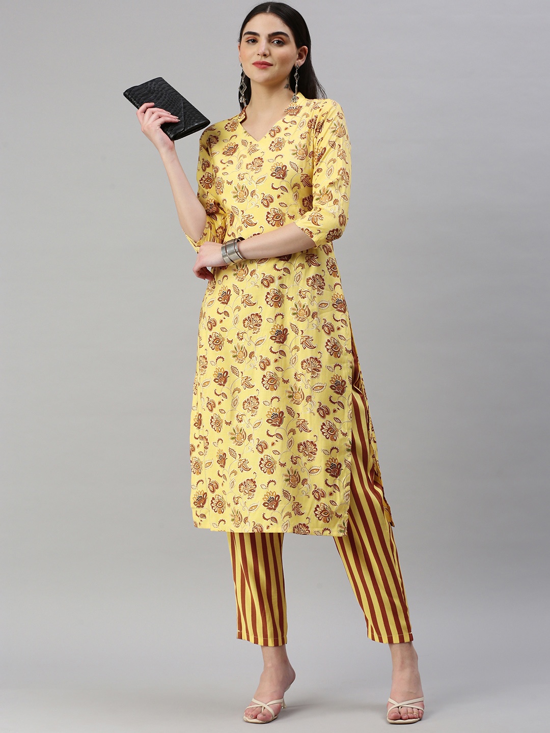 

KALINI Floral Printed Regular Chanderi Cotton Kurta With Trousers, Yellow