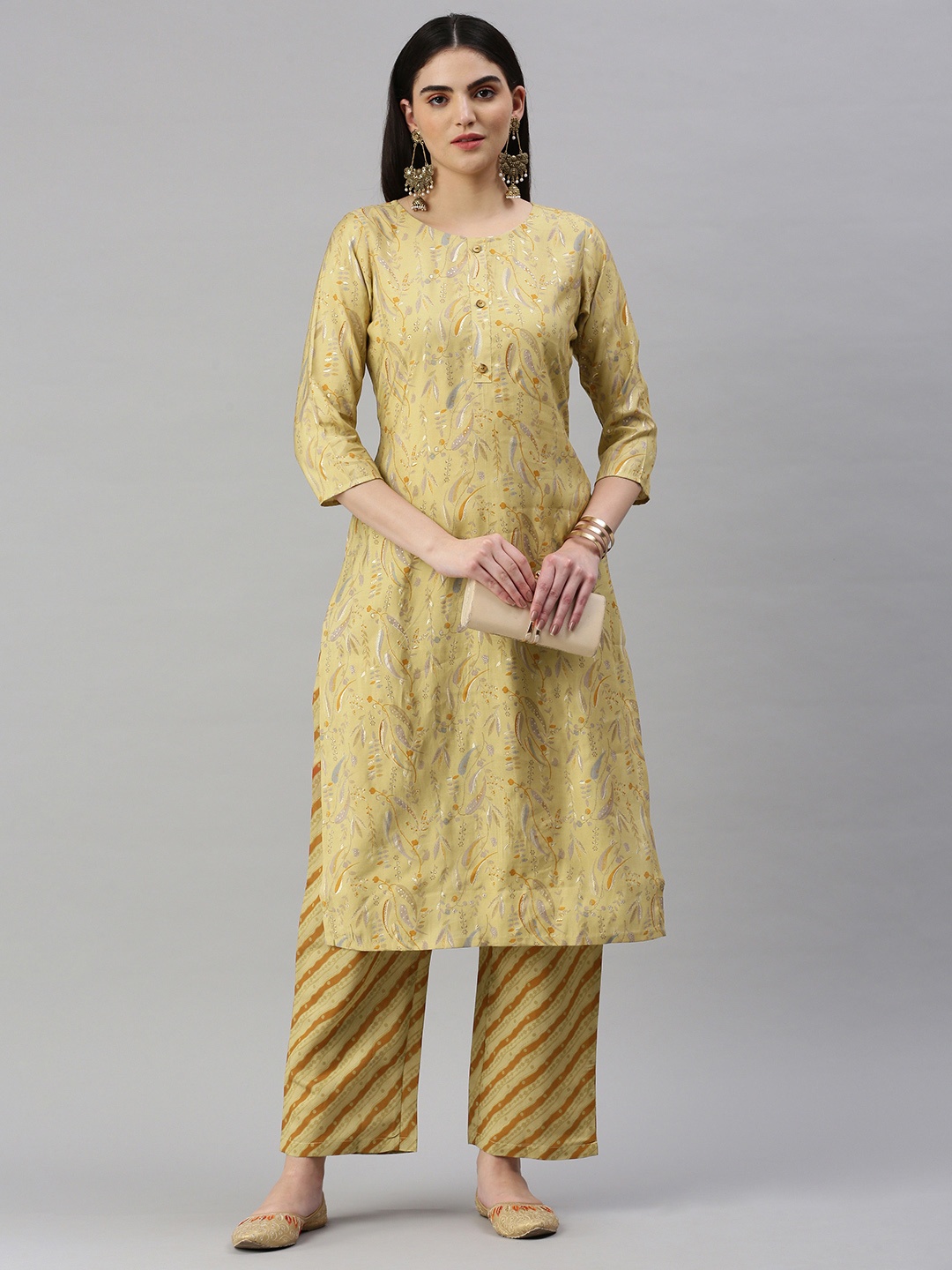 

KALINI Women Floral Printed Regular Chanderi Cotton Kurta With Trousers, Beige