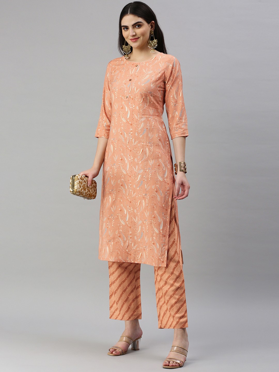 

KALINI Floral Printed Regular Chanderi Cotton Kurta with Trousers, Orange