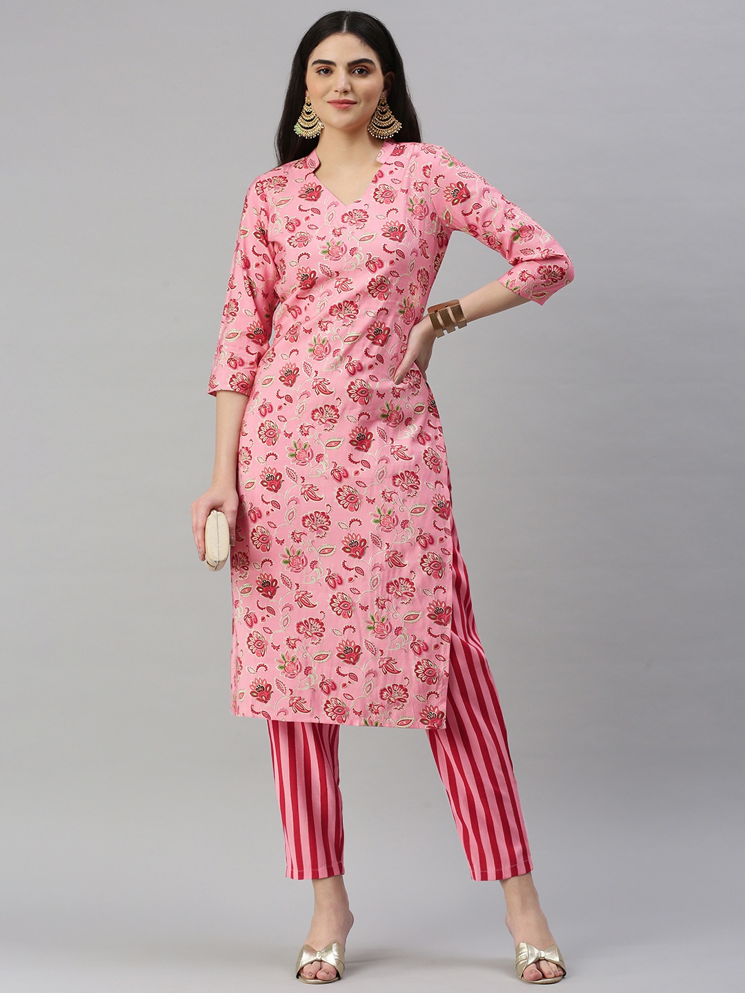 

KALINI Floral Printed Regular Chanderi Cotton Kurta with Trousers, Pink