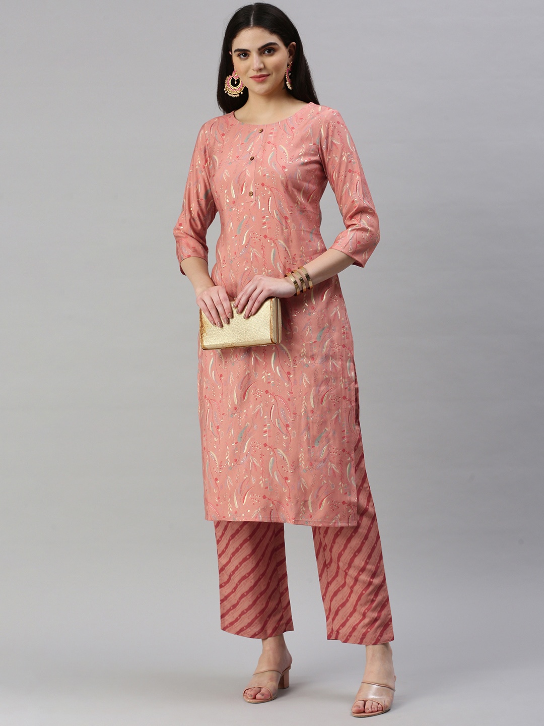 

KALINI Floral Printed Regular Chanderi Cotton Kurta with Trousers, Peach