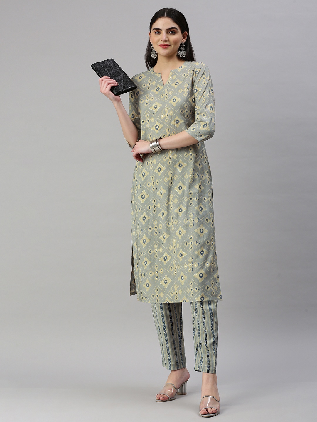 

KALINI Ethnic Motifs Printed Regular Chanderi Cotton Kurta With Trousers, Grey